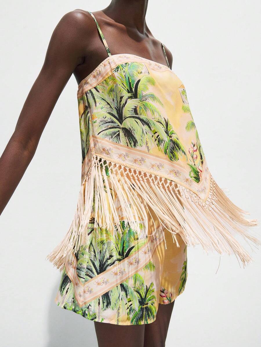 Maija 2 件套女士夏季度假风格热带印花流苏下摆吊带背心和短裤套装乡村音乐会服装奶油黄海滩度假服装女士度假服装波西米亚风女装波西米亚风女装