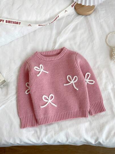 SHEIN Vintaside Kids 可爱蝴蝶结装饰女童套头圆领毛衣，时尚百搭