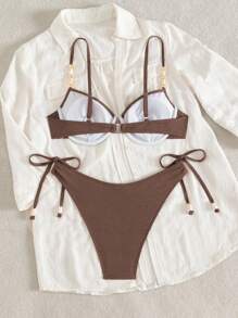 Swim Chiccia 2件套女士纯色棕色钢圈上衣和系带侧裤比基尼套装