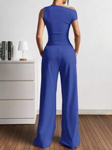 SHEIN EZwear 2 件套女士新款针织不对称领无袖上衣和口袋长裤套装