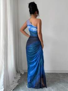 Rafferiza 渐变色高开叉不对称领褶饰薄纱长裙女装