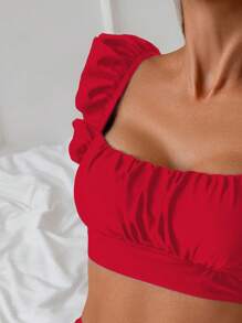 Swim Basics 女式夏季海滩度假纯色荷叶边吊带褶皱短款上衣和高腰褶皱比基尼泳裤两件套 - 紅色 - 查看 4