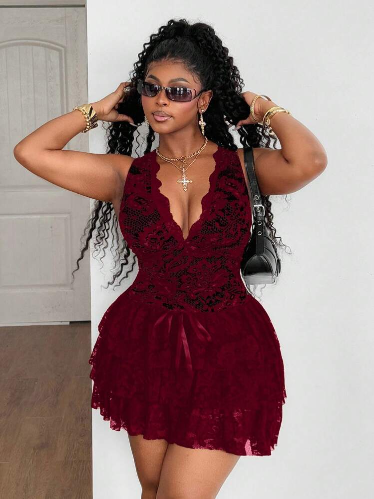 Maweii Vestido corto ajustado sin mangas con parches de encaje sexy y elegante, vestido evasé negro de talla grande para uso diario y citas - Burdeos - Añade 6