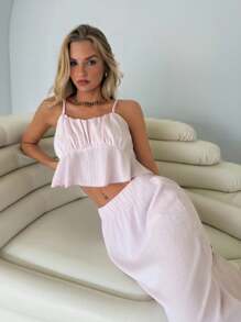 Roylia 2pcs Vacation Casual Solid Color Camisole And Skirt Set - Pink - View 6