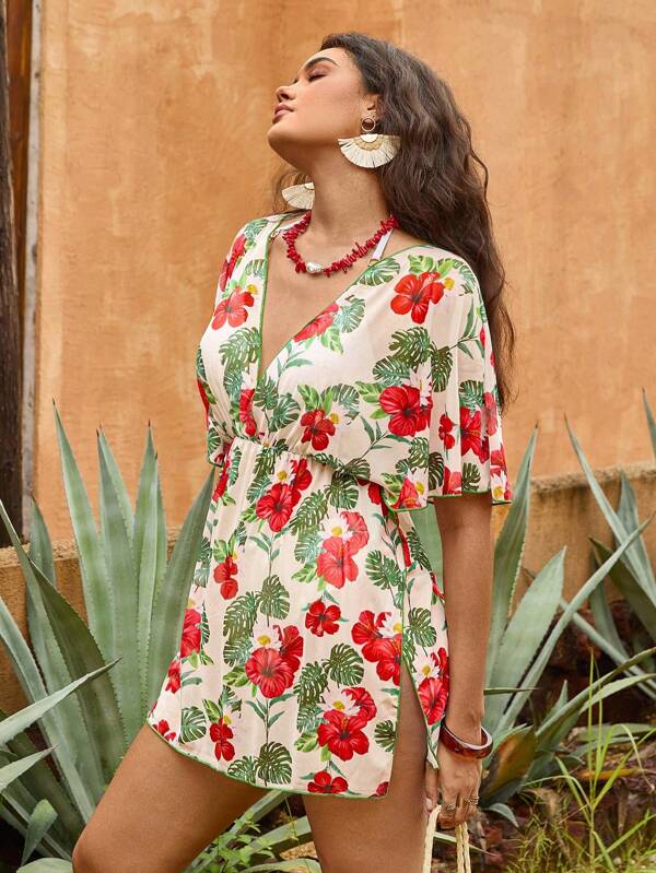 The White Lotus Travachic Vestido de playa informalde mujer talla grande con escote en V y estampado tropical de plantas y flores, para vacaciones y resort