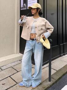 SHEIN EZwear 秋季女装 Old Money 秋季风衣 女士卡其色梭织短款风衣 短款夹克 女士夹克 女士西装外套 - 卡其色 - 查看 6