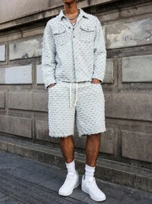 PAVTROS Men's Long Sleeve Frayed Single-Breasted Denim Jacket And Denim Shorts Casual Suit Going Out Hang Out Commute Street Party, Fall Clothes - Multicolor - View 8