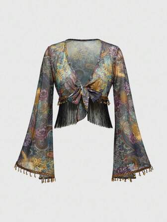 Hippie Women's Retro Hippie Cowgirl Music Festival Paisley Tie Front Sheer Bead Decor Fringe Hem Blouse