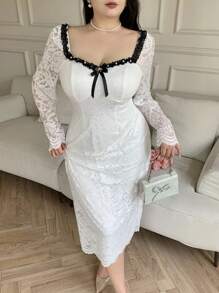 Modelyn Plus Size Solid Color Long Sleeve Dress, Fashionable For Summer