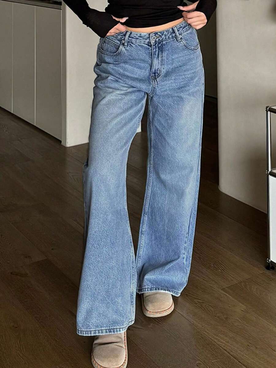 DAZY Vintage Versatile Wide Leg All-Match Straight Distressed Washed Blue Floor-Length Women Jeans