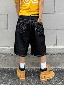 Manfinity Hypemode Shorts casuales de mezclilla de pierna ancha con patrón geométrico en el bolsillo para hombres