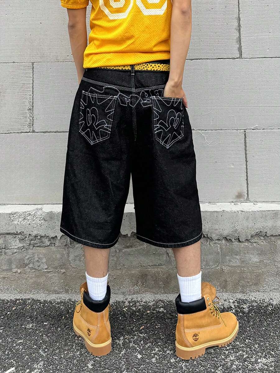 Manfinity Hypemode Shorts casuales de mezclilla de pierna ancha con patrón geométrico en el bolsillo para hombres
