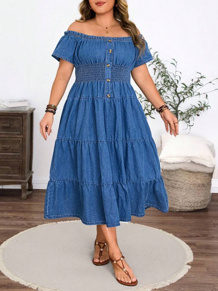 SHEIN 大码女式休闲宽松浅蓝色无弹力牛仔连衣裙，适合节日穿着 - 淺色水洗藍 - 查看 5