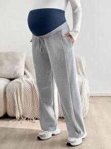 SHEIN Autumn And Winter Maternity Casual Patchwork Adjustable High Waist Drawstring Loose Wide Leg Sweatpants