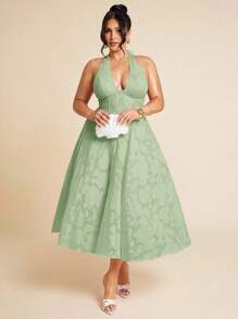 SHEIN BAE 大码女式春夏粉色 V 领露背纹理面料雪纺连衣裙、女式复活节连衣裙、毕业服装、女式性感俱乐部服装、女式春季服装、夏装、节日晚会服装、女式生日服装、婚礼服装、女式度假服装、音乐会 - 薄荷綠 - 查看 3