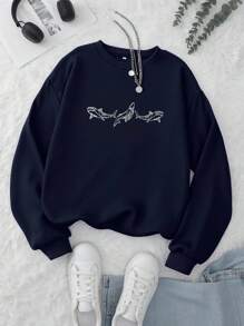 Whale Contrast Color Embroidery Casual Pullover Crew Neck Long Sleeve Sweatshirt Fall - Navy Blue - View 3