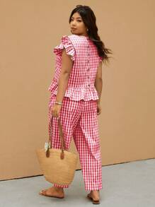 Elaquor Plus Size Women Plaid Cap Sleeve Shirt And Pants 2 Pieces Casual Set, Summer - Red - View 1