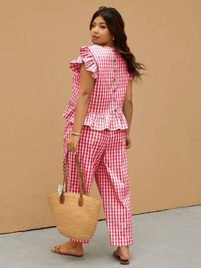 Elaquor Plus Size Women Plaid Cap Sleeve Shirt And Pants 2 Pieces Casual Set, Summer