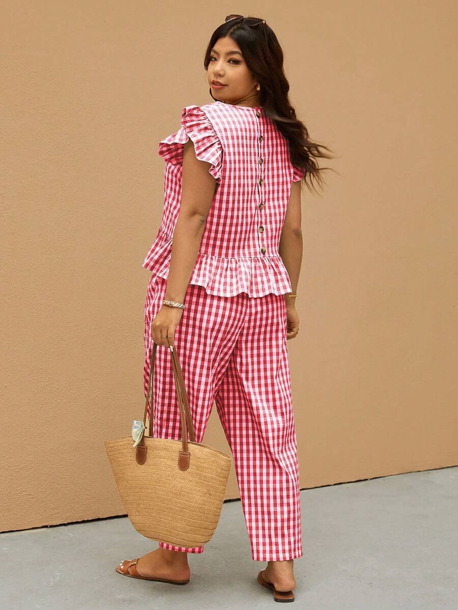 Elaquor Plus Size Women Plaid Cap Sleeve Shirt And Pants 2 Pieces Casual Set, Summer - Red - View 1