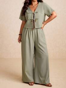 Elaquor 大码女式夏季纯色短袖系带衬衫和裤子两件套休闲装