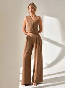 SHEIN Cottnline 女士背心和阔腿褶皱裤套装两件套 - 米色 - 查看 7