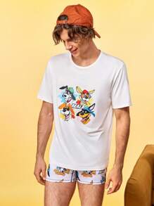 Men's Cartoon Print Short Sleeve Pajama Top