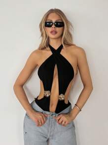 SHEIN ICON 黑色金属交叉带深 V 领紧身衣 - 黑色 - 查看 1