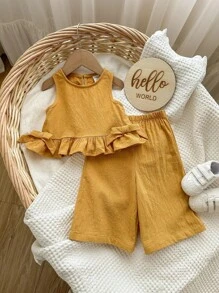 Baby Girl Cute Solid Color Ruffle Hem Camisole & Pants 2Pcs Suit, Summer