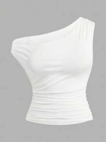 Calvaya 1set Women Plus Size Lace Asymmetrical Neck High Stretch T-Shirt - Black and White - View 3