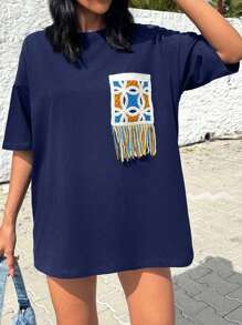 EURMUSE 100%纯棉钩针贴花胸前休闲超大圆领T恤