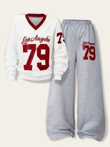 SHEIN Set da 2 pezzi Stile universitario casual: top a maniche corte con scollo a V e spalle scoperte e pantaloni larghi lunghi per ragazze adolescenti