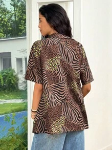 Rafferiza Women's Vacation Leopard & Zebra Print Loose Turndown Collar Short Sleeve Long Shirt - Coffee Brown - View 2