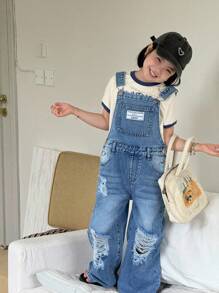 DENIMLY YOUNG Cô gái trẻ THƯỜNG NGÀY ĐỂ CHUẨN BỊ NGOÀI TRỜI CẢ NĂM PHẢI CÓ COOL MAX VẢI COTTON NHẸ GIẶT LẠI NHẸ QUẦN JUMPSUITS DENIM RÁCH, Dây đeo có thể điều chỉnh và năm túi cổ điển, Cài nút ở bên hông - Rửa nhẹ - Xem 7