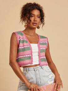 Travachic Top corto a maglia smanicato con strisce a contrasto da donna