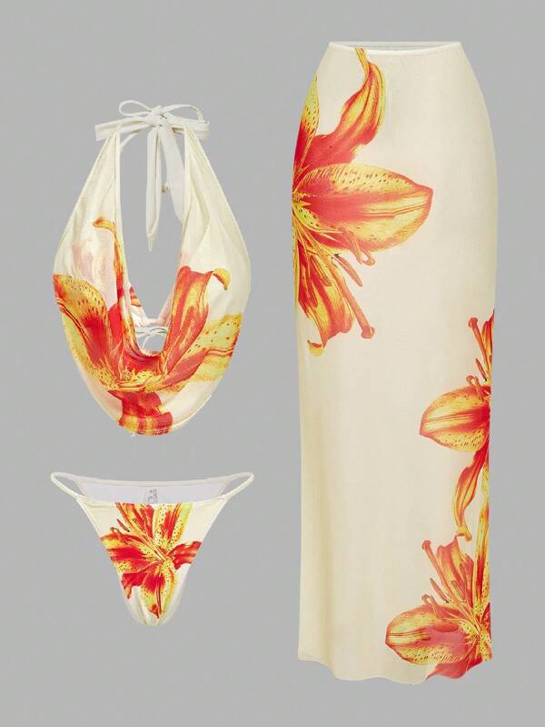 Swim Oasis Conjunto premium de bikini y falda estampados con lirio para vacaciones de verano en la isla de chica