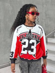 SHEIN Áo nỉ dài tay in chữ, kiểu dáng thường ngày, phong cách đường phố cho bé gái tuổi teen, áo nỉ dài tay phong cách đường phố California cho trẻ em, phong cách Y2K. - Đỏ - Xem 4