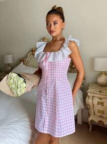 Glamine Charm Glamine Women's Elegant Pink Plaid Ruffle Trim Square Neck A-Line Mini Dress, Summer Women Short Dresses Summer Cute Outfits For Women Beach Outfits For Woman Resort Wear Beach Women Outfits Country Tea Party Outfit Country Concern Outfit Stockholm Style 4th Of July OUtfit Women Gingham Dress Pink Gingham Dress - Pink - View 5