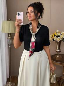 Elenzga Áo thun tay ngắn cổ bẻ đơn giản cỡ lớn cho người đi làm, mùa xuân/hè - màu đen - Xem 3