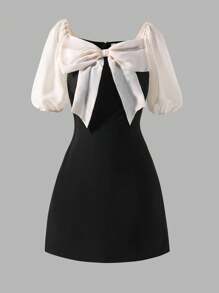 Teen Girls Contrast Color Chiffon Fitted Dress, Square Neck Collar, Bowknot Decor Mini Dress, Back To School Campus Outfit, All Season - Black - View 3