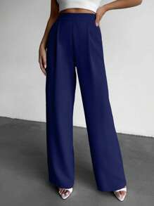 EURMUSE Plain Pocket & Pressed Crease Wide-Leg Casual Pants - Navy Blue - View 3