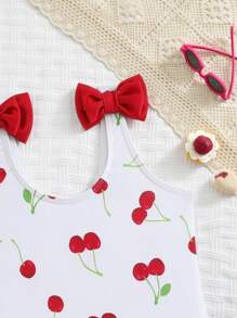 Baby Girls Swimwear/Cute Cherry Pattern/Knit Fabric/Double Bows On Shoulders, Flared Legs, No Locked Edges/Knit Fabric/One-Piece Swimsuit/Fashionable Casual Elegant Ladylike, Suitable For Swimming, Vacations, Summer Baby Cherry Swimsuit Baby Girl Cherry Swimsuit Cherry Swimsuit Baby Girl One Piece Swimsuit Girls Cherry One Piece Swimsuit - Multicolor - View 3