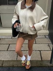 Muchica Autumn New Khaki Color Lapel Collar Short Jacket With Large Pockets - Apricot - View 4