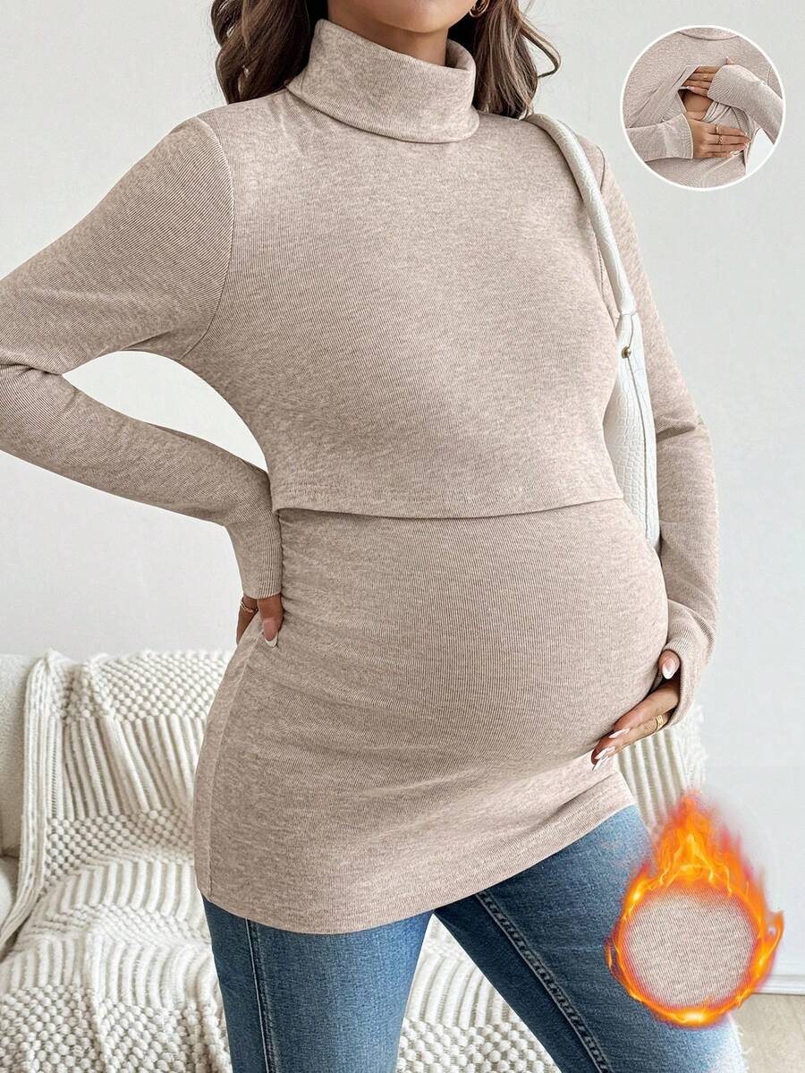 SHEIN 孕妇休闲纯色高领哺乳上衣,秋冬 - 杏色 - 查看 1