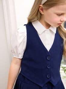 SHEIN Conjunto de 3 piezas de estilo escolar para niña joven: blusa azul marino, falda plisada, camisa de manga corta. Conjunto de blusa azul marino, falda y uniforme escolar para niñas, atuendo colegial de niña pequeña - Azul Marino - Ver 3