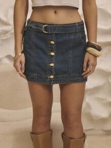 Aralina Winter / Summer Belted Seam Deatil Button Front Micro Mini Denim Skirt - Medium Wash - View 6