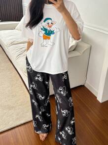 DAZY Bộ đồ ngủ in hình hoạt hình dễ thương và quần ngủ in hình đầy đủ cho nữ - trắng - Xem 5