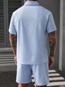 Manfinity Homme 2件套纯色纹理面料休闲短袖衬衫 - 藍色 - 查看 2