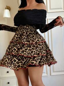 Cravure Plus Size Women's New Layered Ruffle Hem Loose Leopard Print Mini Skirt