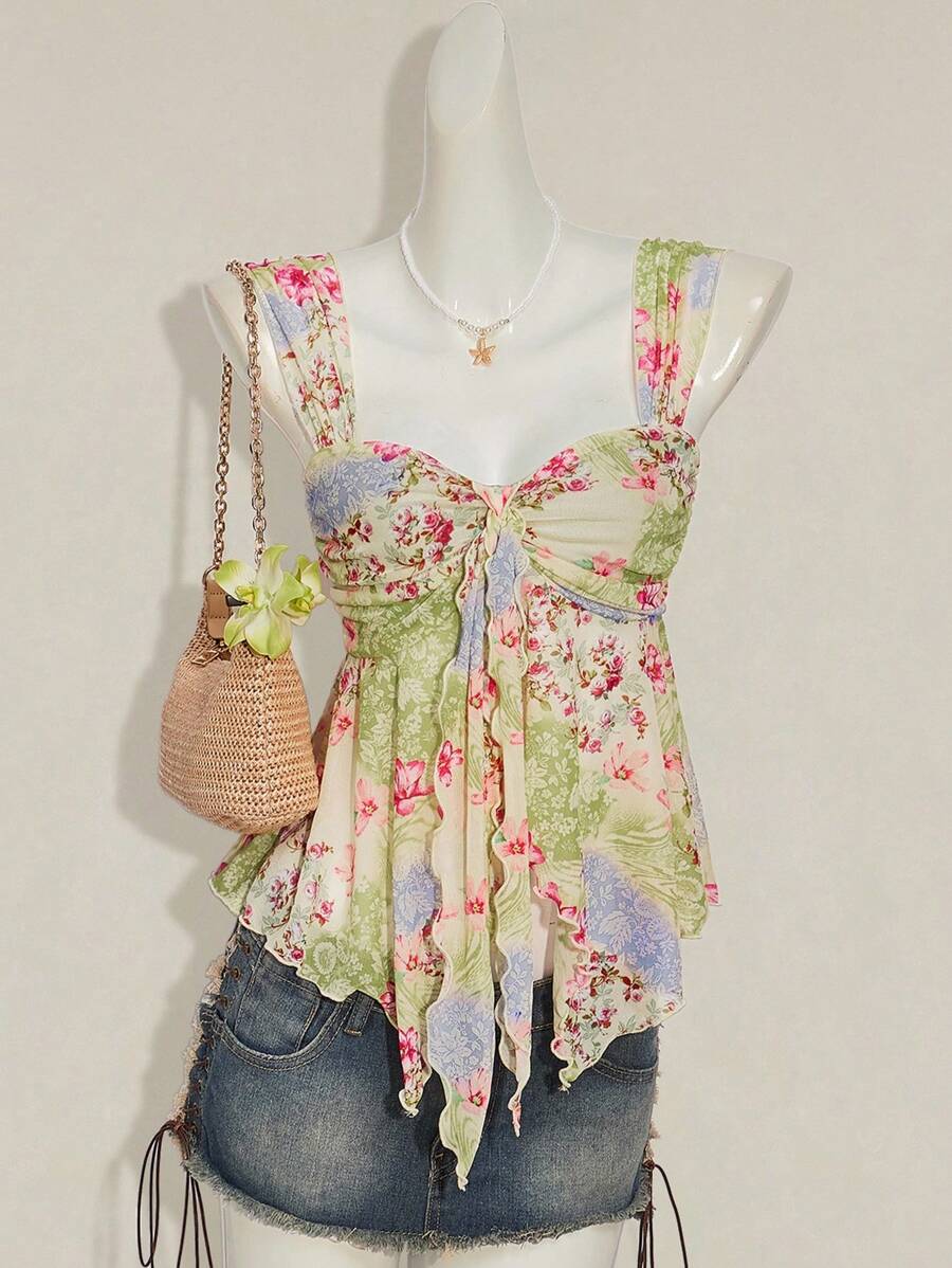 SHEIN ICON Women's Vacation Floral Print Pleated Fashion Camisole 4th Of July Women Outfits Cute Summer Tops Going Out Tops