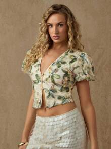 Glamine Blusa de mujer con escote en V, mangas abombadas y bordado floral verde, elegante y de moda para el verano